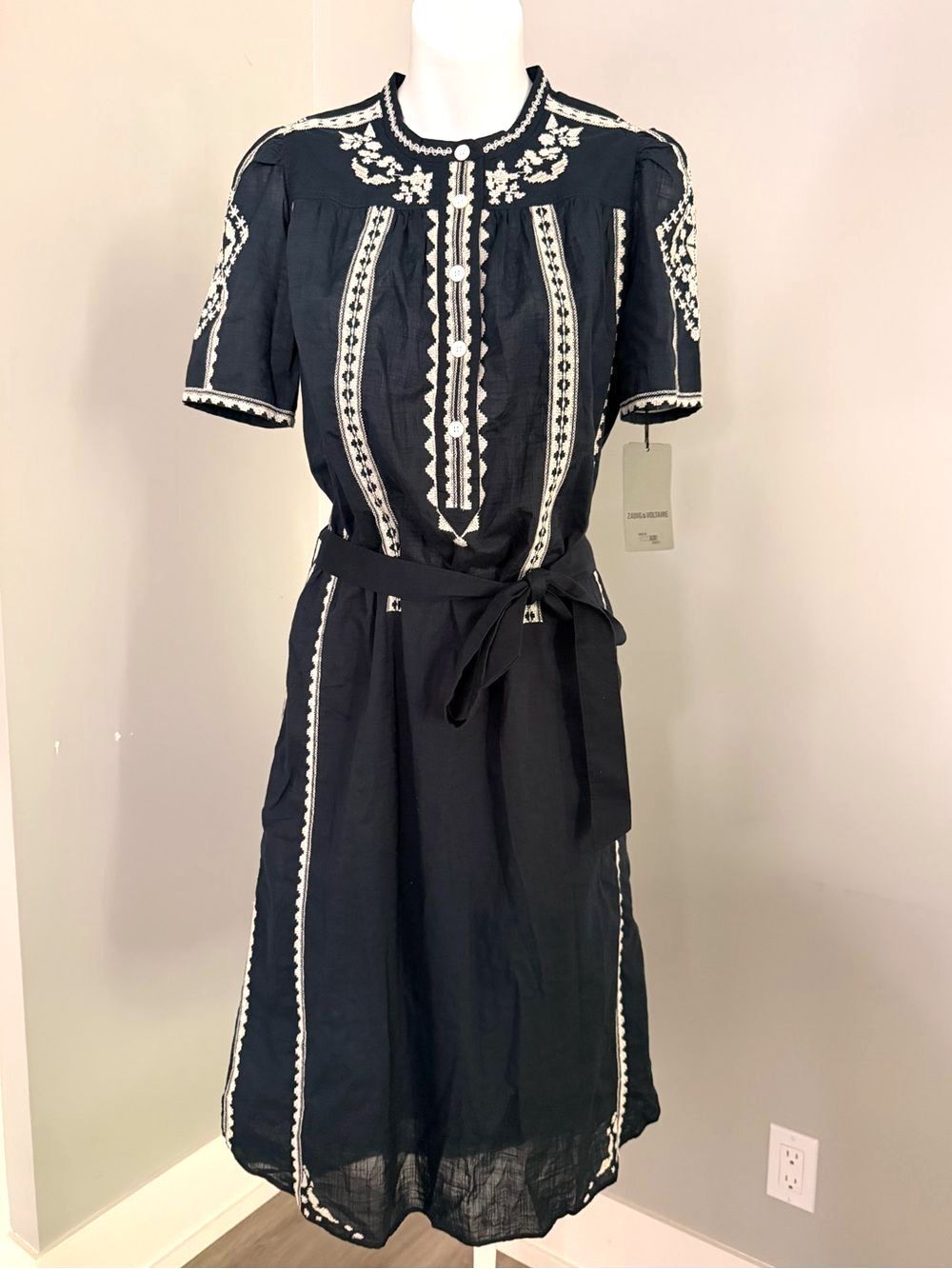 ZADIG & VOLTAIRE Beautiful Boho Embroidered Belted Midi Dress Sz NWT $370!!